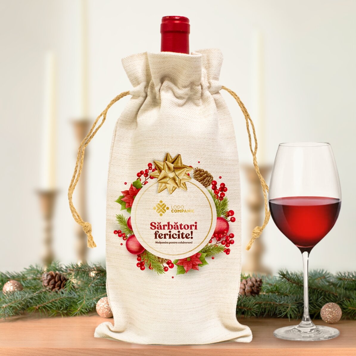 Săculeț personalizat pentru sticlă de vin cu logo și text - Sărbători fericite